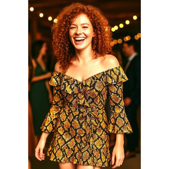 Boohoo Snakeskin Print Ruffle Mini Dress Long Sleeve Bold Party Fashion Look - Picture 5 of 15